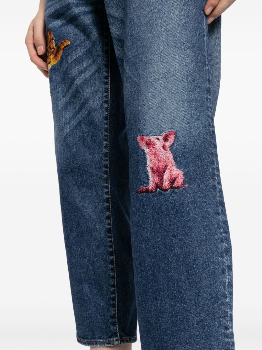 动物刺绣露踝牛仔裤