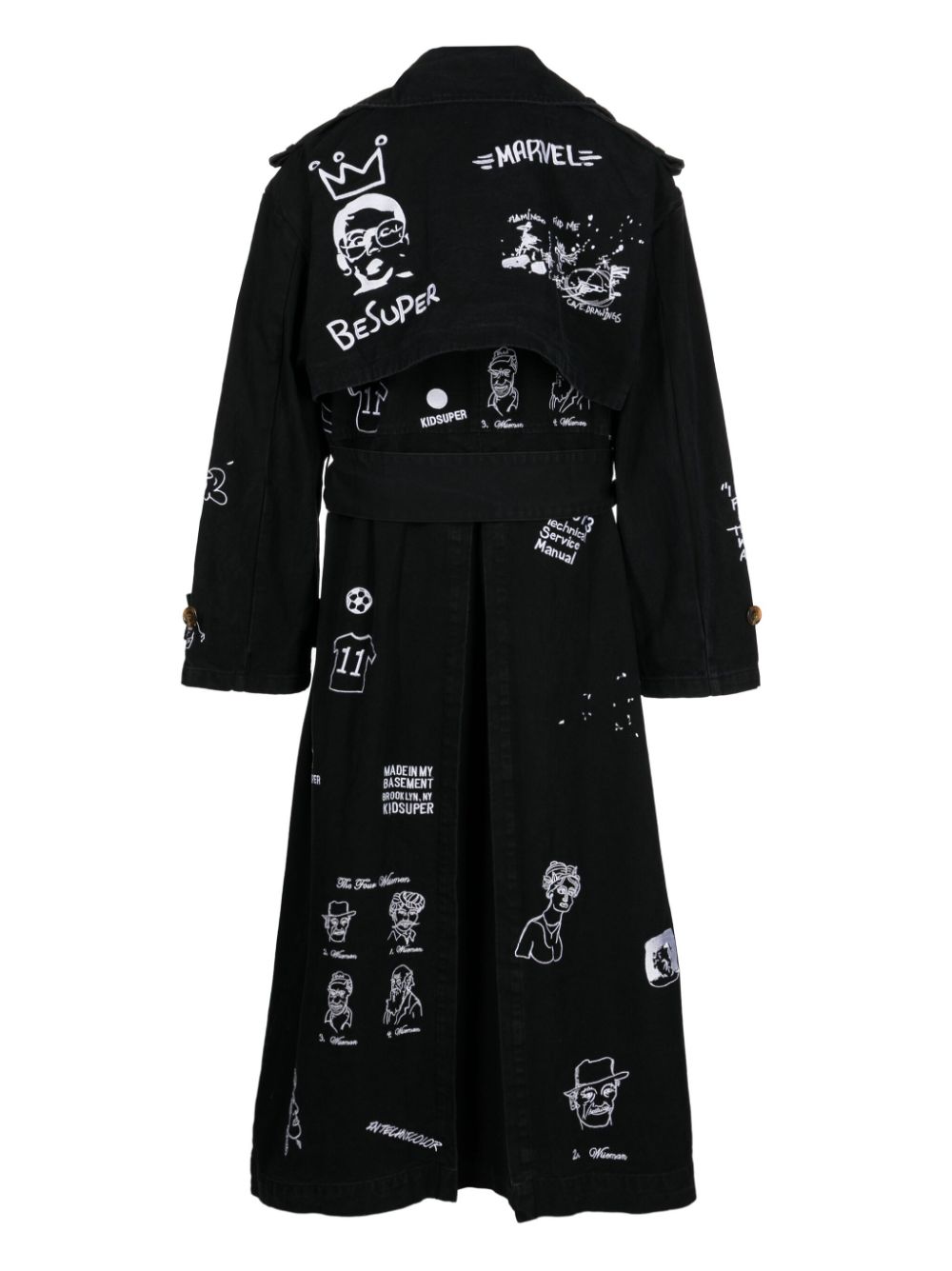 KidSuper embroidered cotton trench coat - Zwart