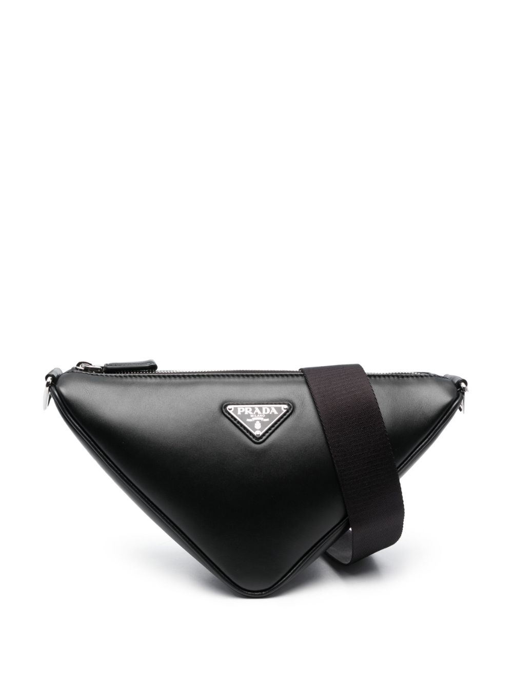 Prada Triangle Logo Plaque Crossbody Bag Black in Leather with Silver-tone  - US