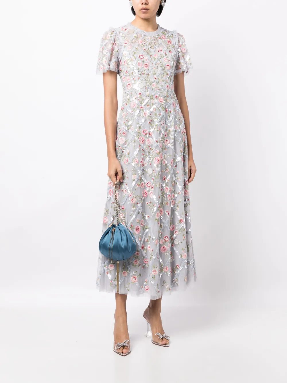 Needle & Thread Athena midi-jurk met geborduurde bloemen - Blauw