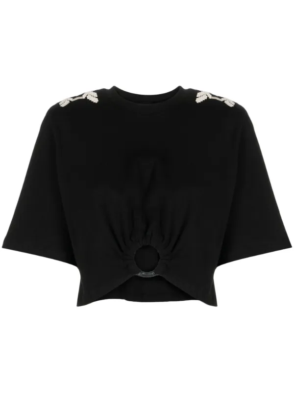 Johanna Ortiz Ensenada Embroidered Cropped T-shirt in Black
