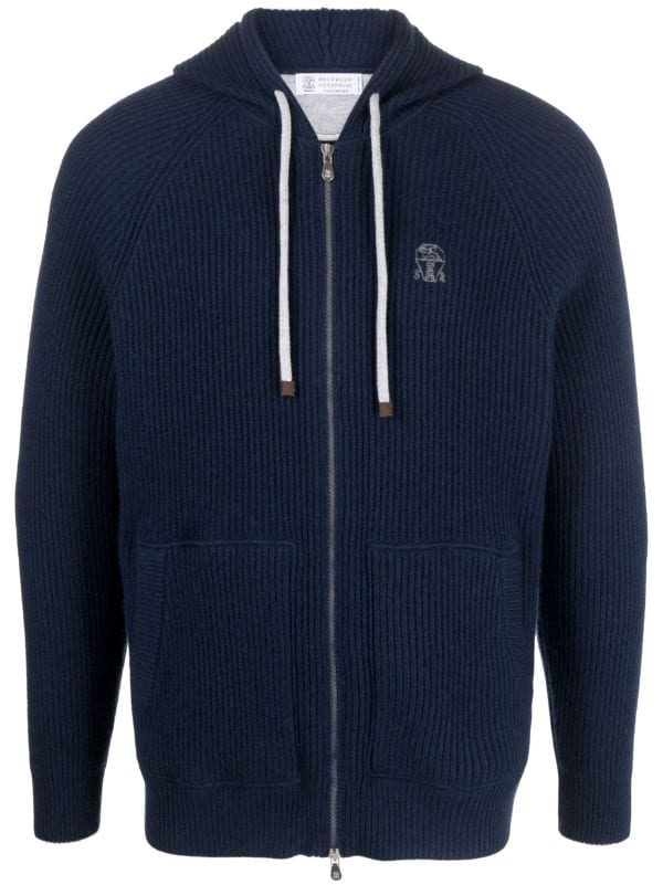 BRUNELLO CUCINELLI Logo-Embroidered Ribbed Cashmere Zip-Up Hoodie for Men