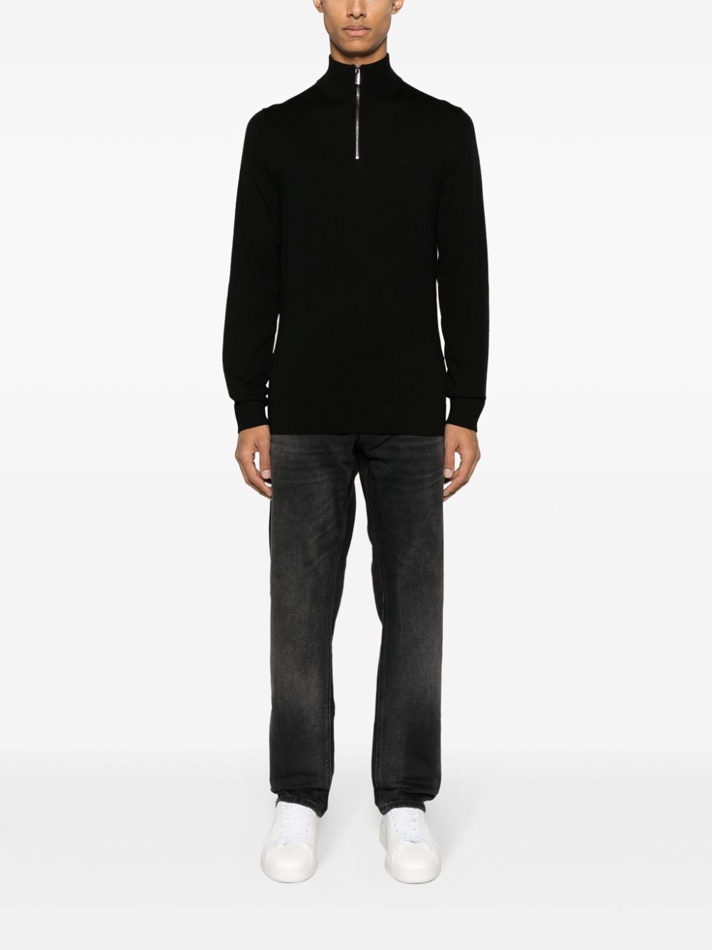 Shop Calvin Klein Embroidered-logo Wool Zip-up Jumper In Black