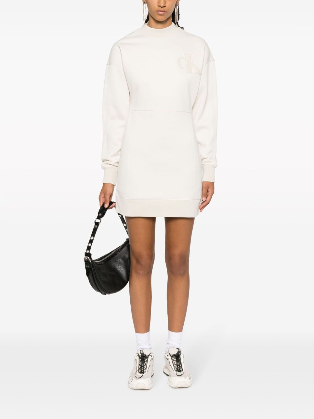 Shop Calvin Klein Jeans Est.1978 Flocked-logo Crew-neck Sweatshirt Minidress In Nude