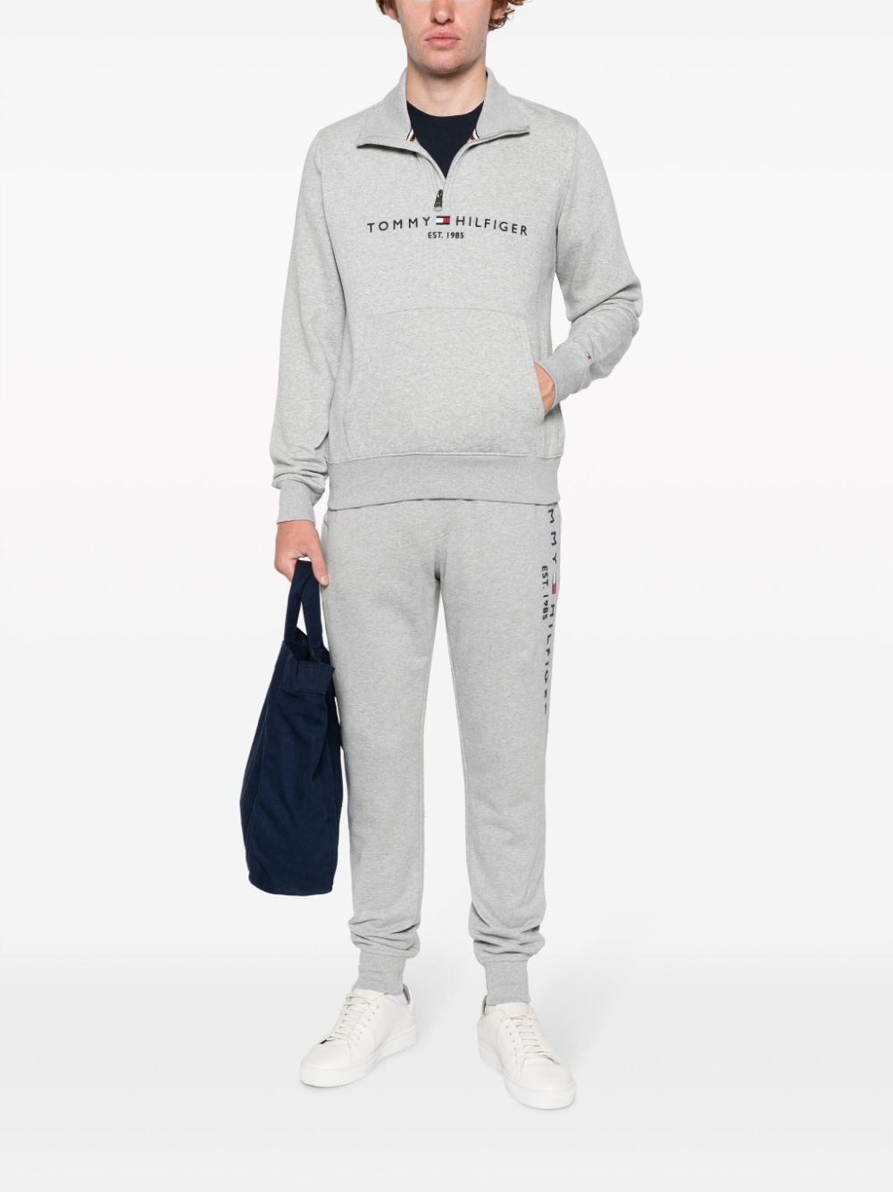 Shop Tommy Hilfiger Embroidered-logo Half-zip Sweatshirt In Grey