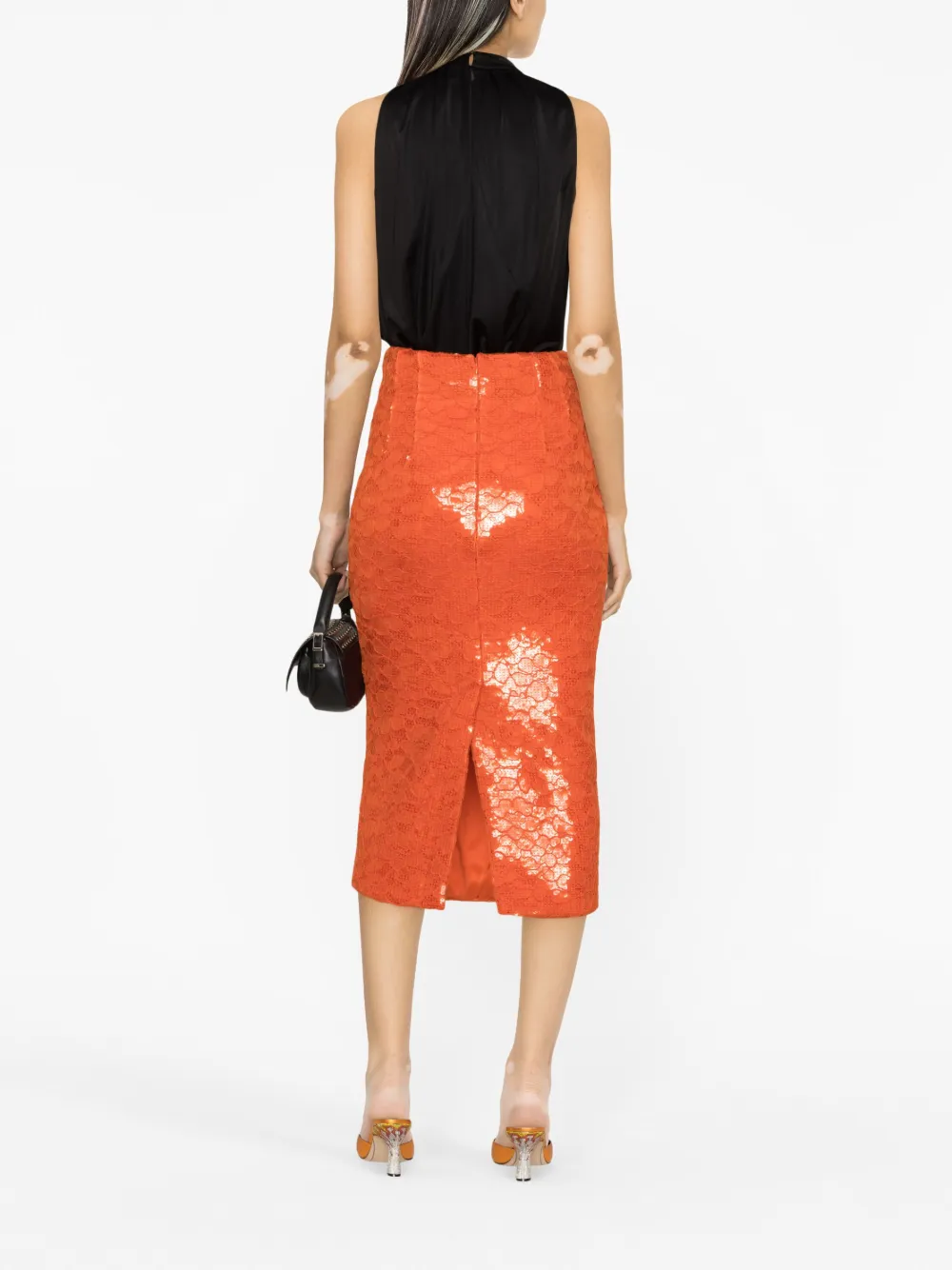 Laquan Smith Orange Lace Pencil Skirt In Orange