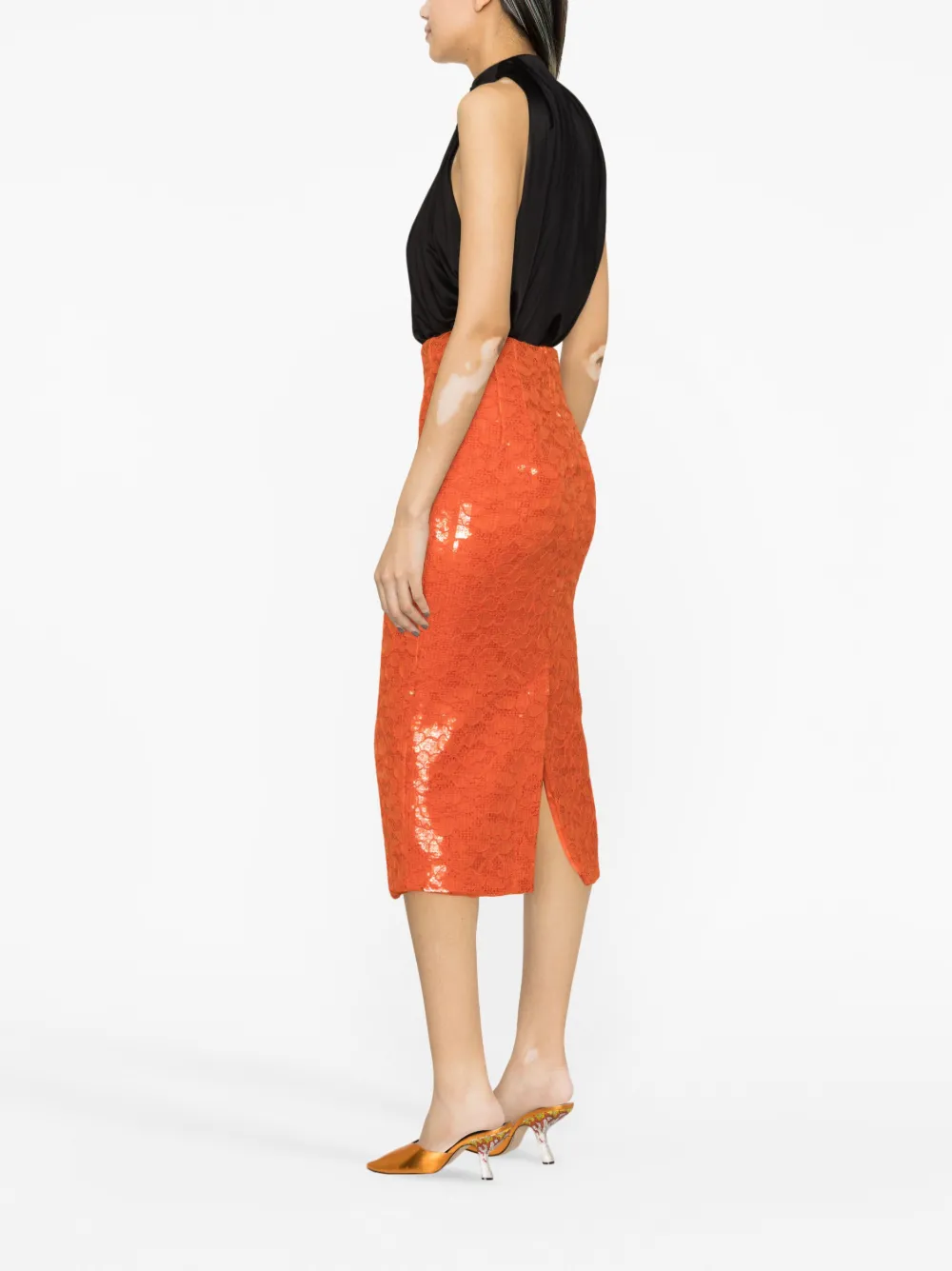 Laquan Smith Orange Lace Pencil Skirt In Orange