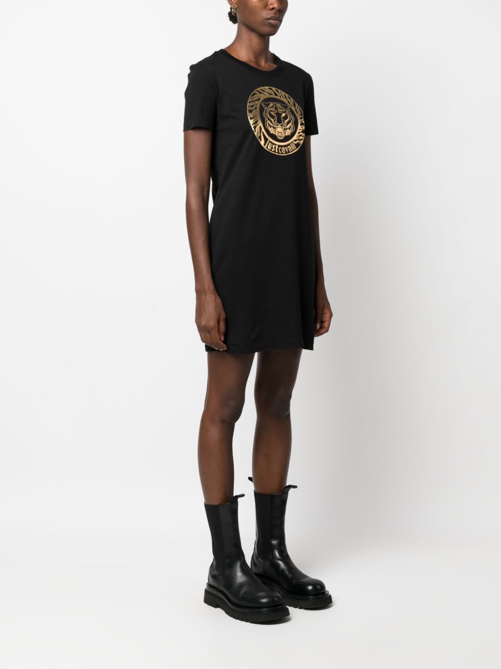 Shop Just Cavalli Logo-flocked Cotton T-shirt Dress In Black