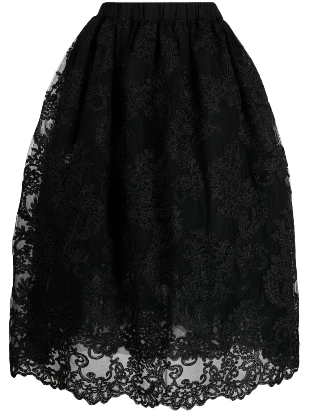 lace-overlay tulle midi skirt