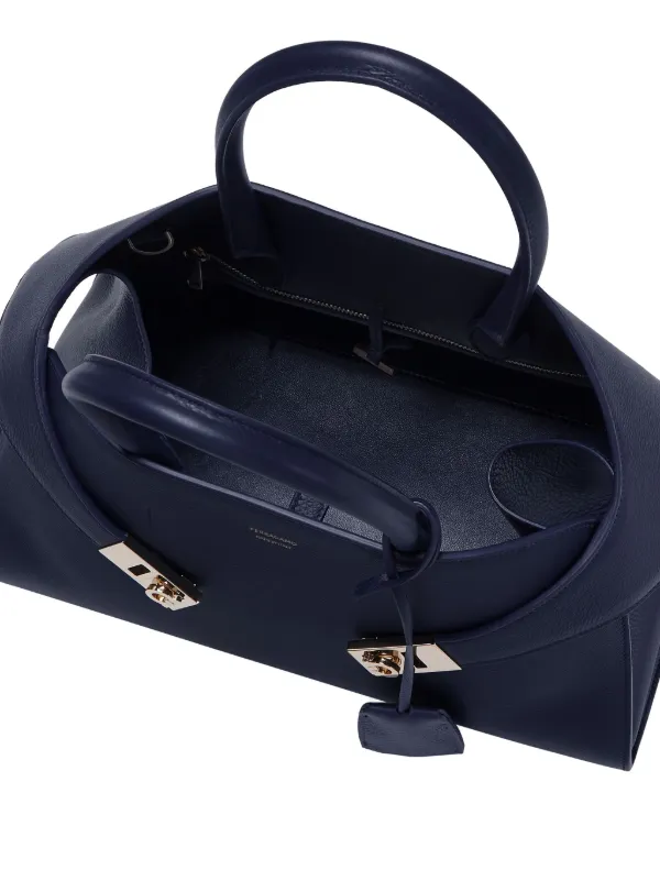 FERRAGAMO Hug Small Midnight Blue Leather Top Handle Bag New