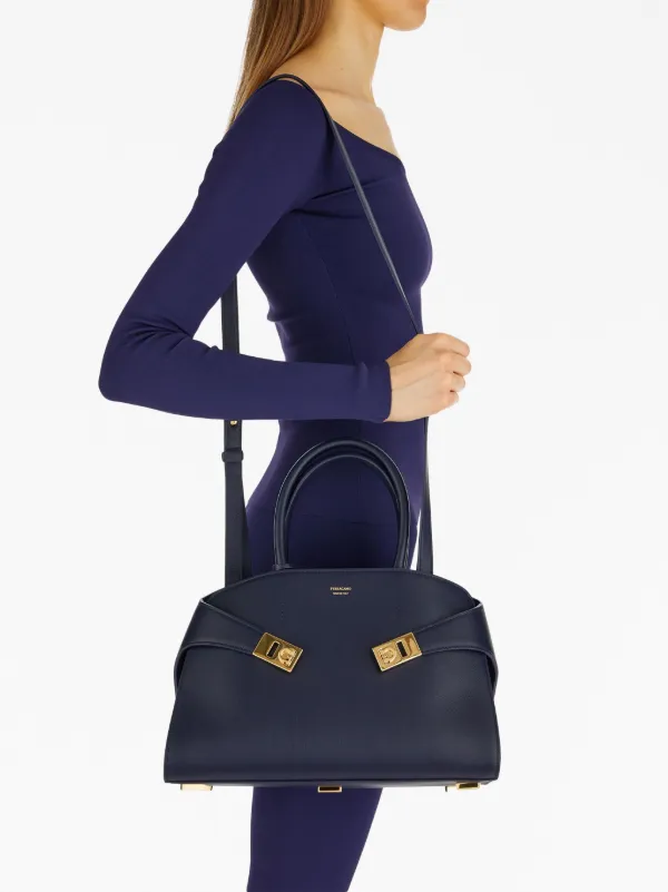 FERRAGAMO Hug Small Midnight Blue Leather Top Handle Bag New