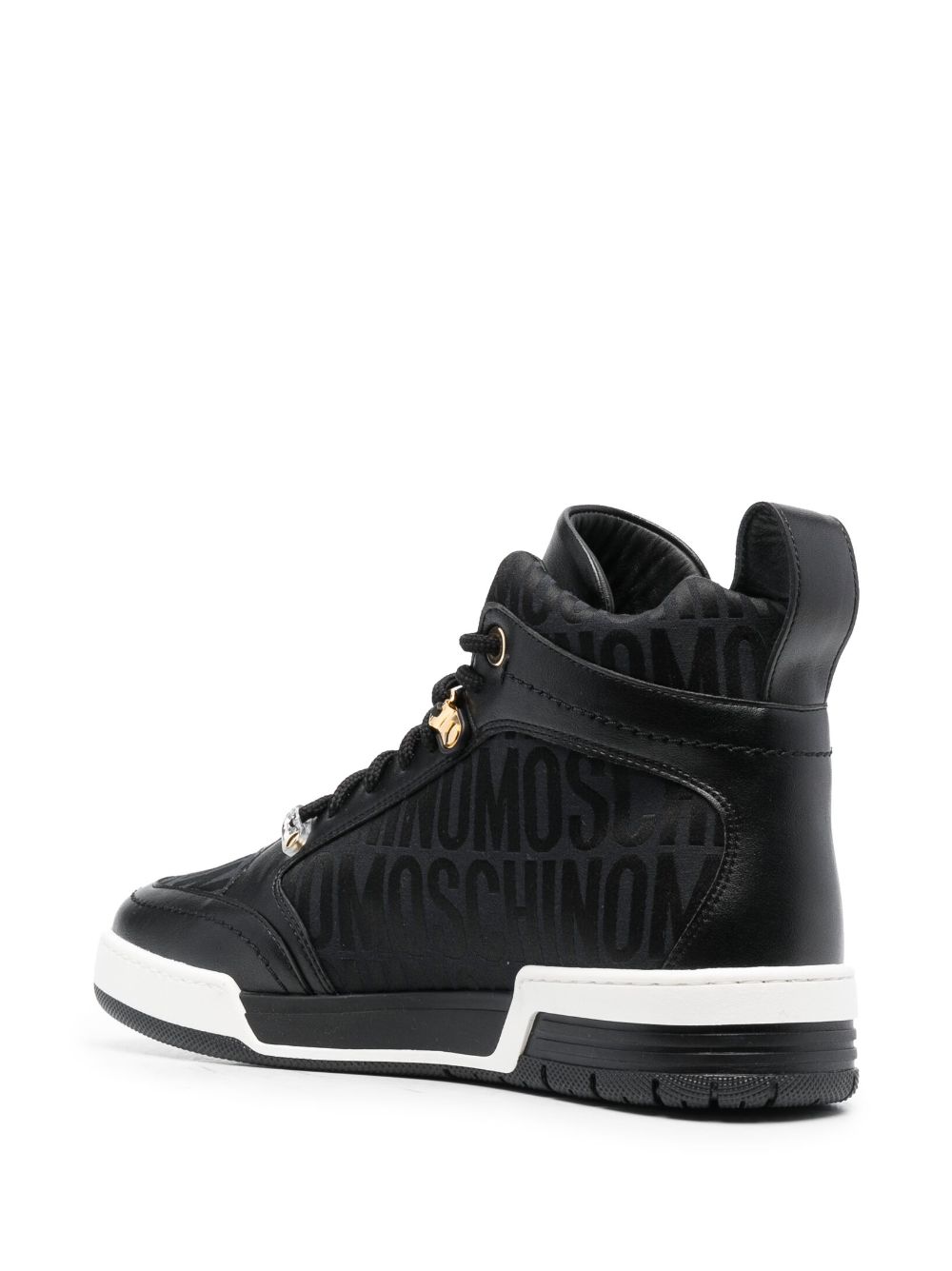 Shop Moschino Jacquard-logo Leather Sneakers In Black