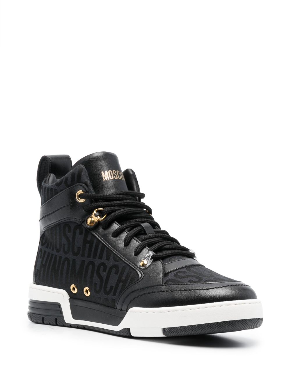 Shop Moschino Jacquard-logo Leather Sneakers In Black