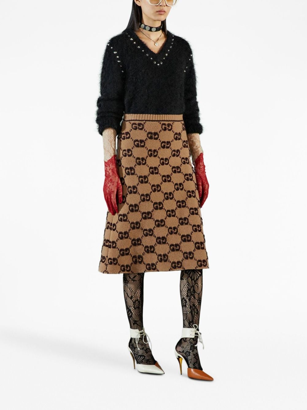 Shop Gucci Gg-jacquard Midi Wool Skirt In Neutrals