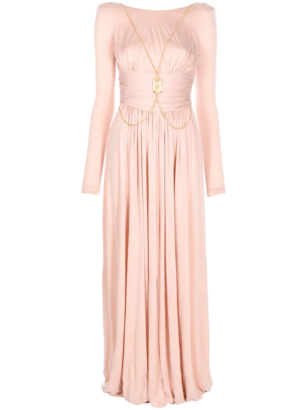 Elisabetta Franchi Gathered Long-sleeve Flared Gown In Pink