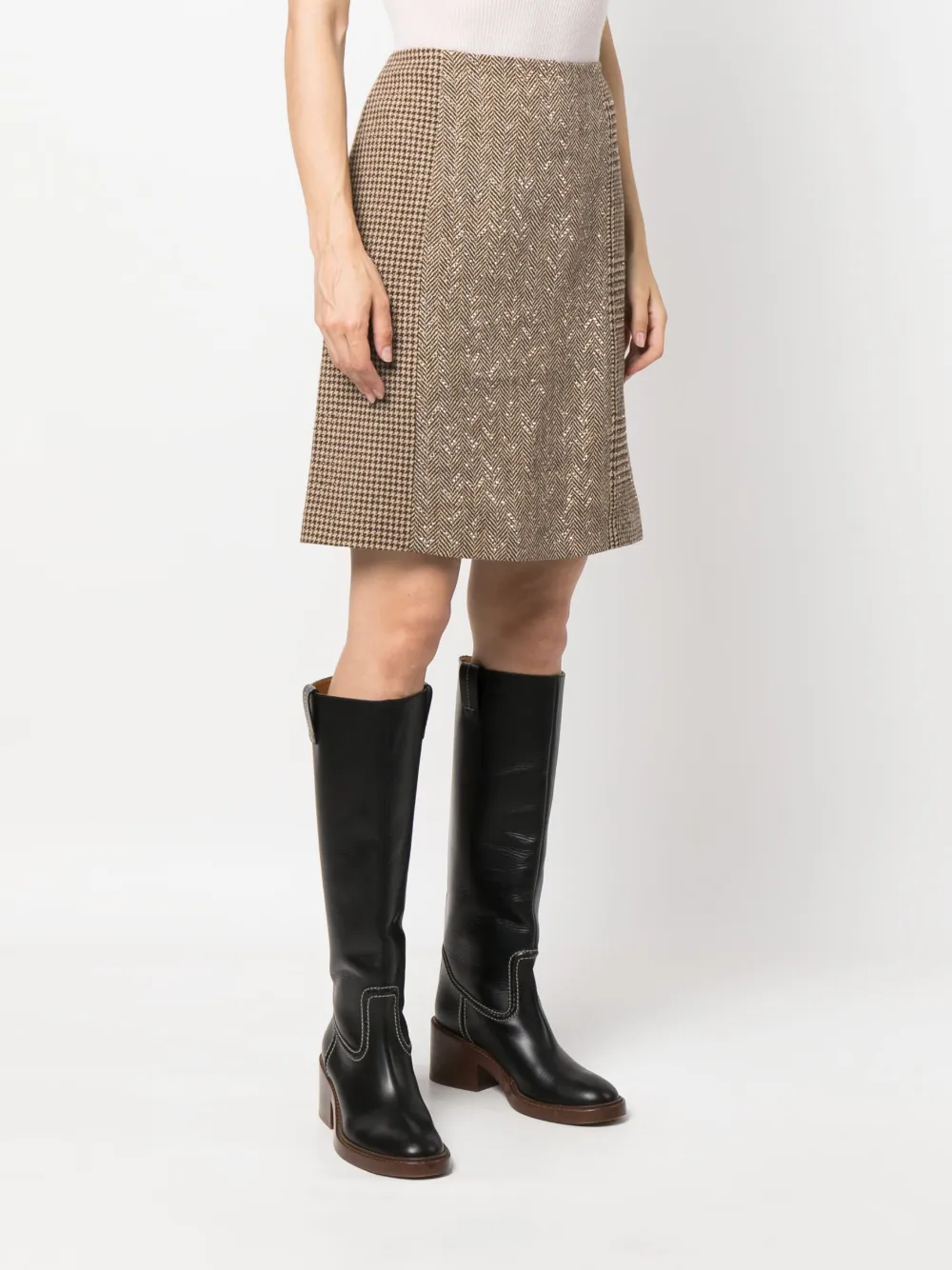 Ralph Lauren Collection Chevron Houndstooth-pattern Straight Skirt in Brown, view 3