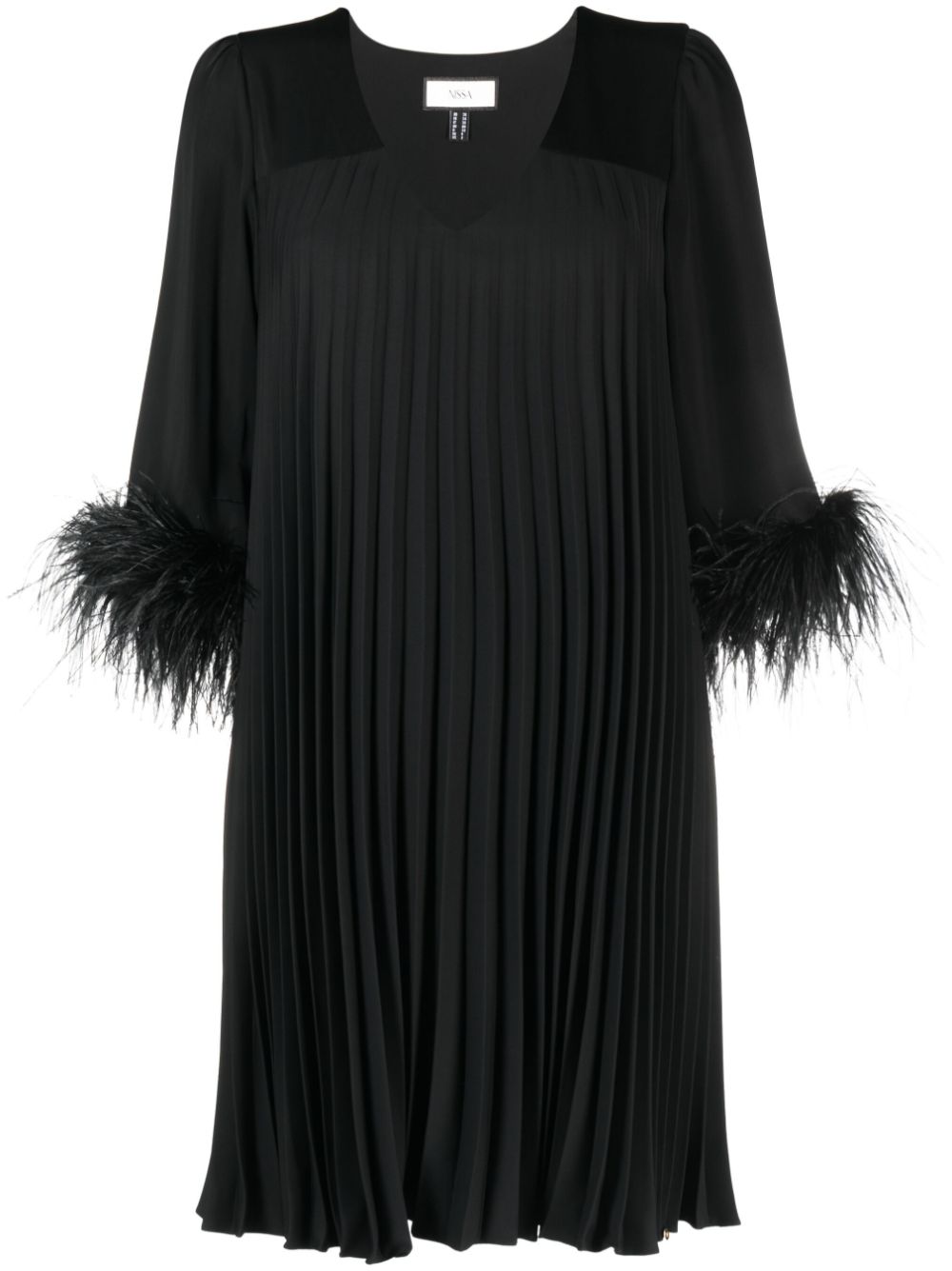 NISSA feather-trim pleated dress - Black