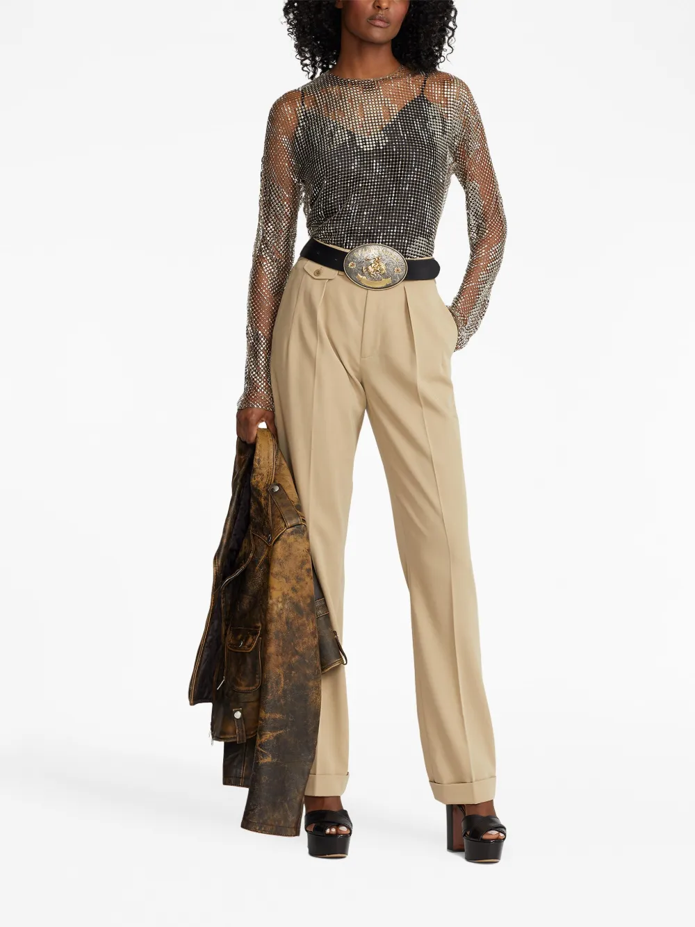 Ralph Lauren Crystal-embellished Long-sleeve Top In Brown