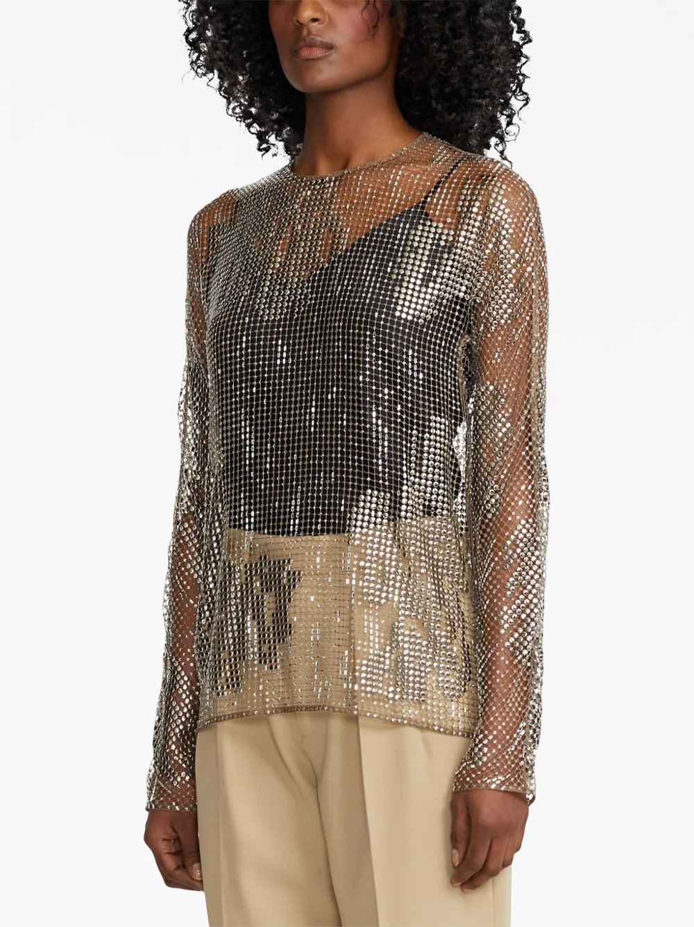 Ralph Lauren Crystal-embellished Long-sleeve Top In Brown
