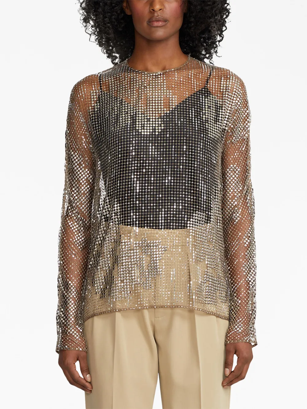 Ralph Lauren Crystal-embellished Long-sleeve Top In Brown