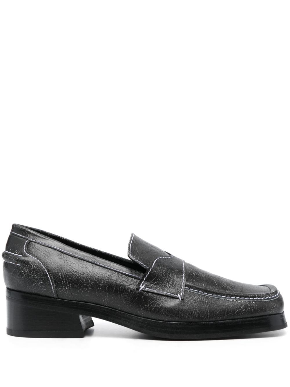 contrast-stitching cracked-leather loafers