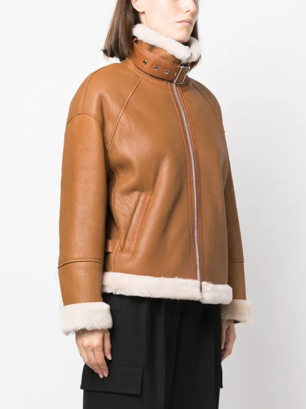 Liska zip front shearling jacket women Lamb Skin Sheep Skin Shearling 44 Brown
