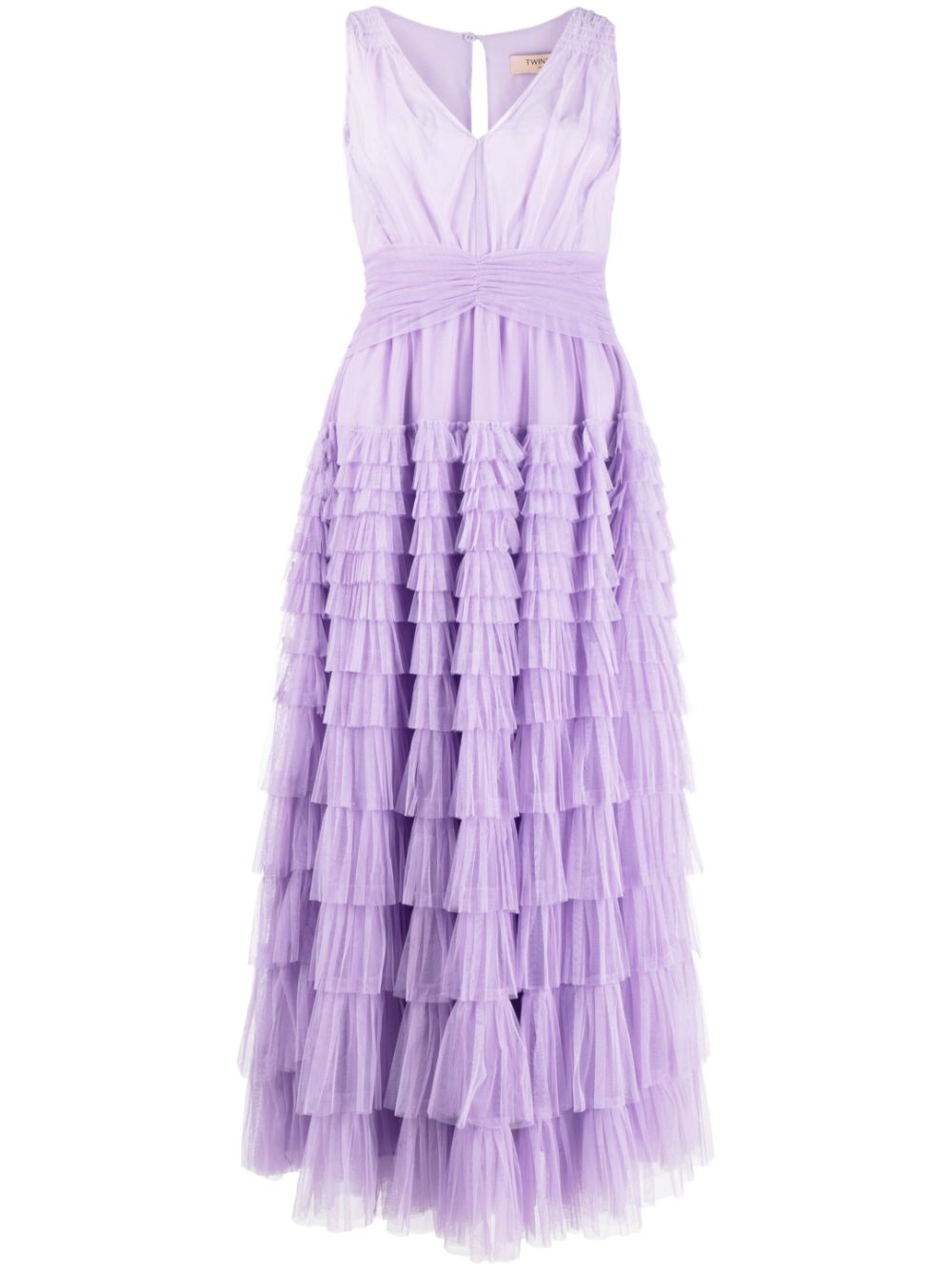 ruffled tulle sleeveless midi dress