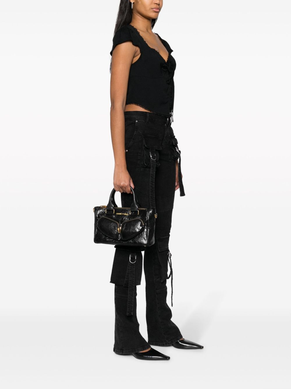 Shop Bimba Y Lola Medium Pocket Leather Tote Bag In Black