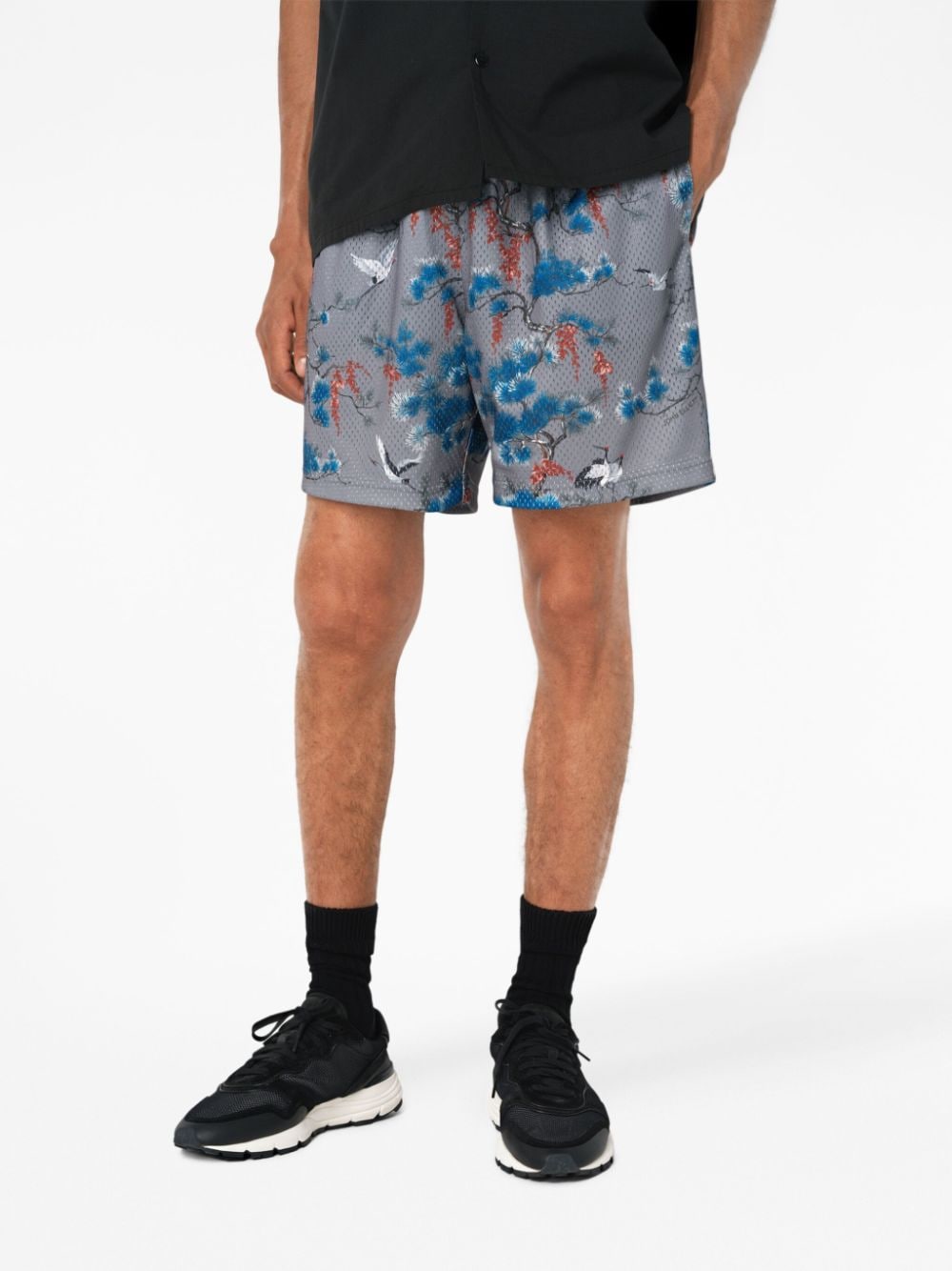 Shop John Elliott Tsuru-print Perforated Shorts In Grey