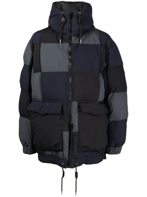 sacai panelled hooded puffer jacket