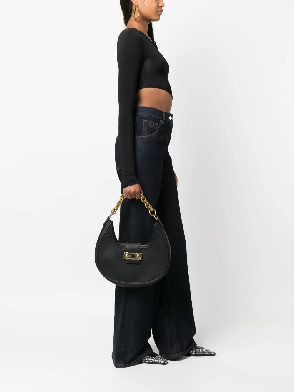 Just Cavalli Leren schoudertas - Zwart