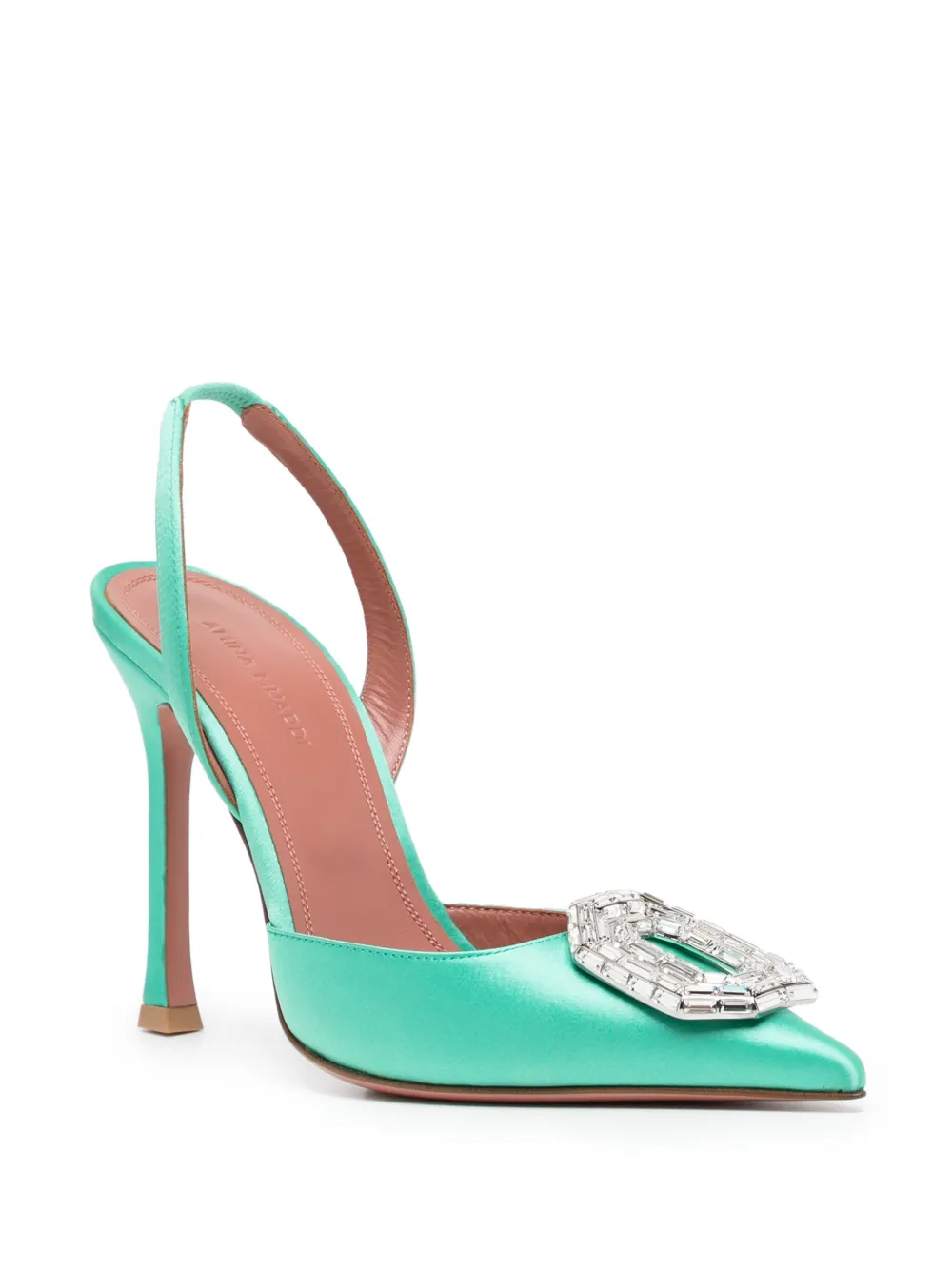 Shop Amina Muaddi Camelia Sling 90mm Satin Pumps In Green