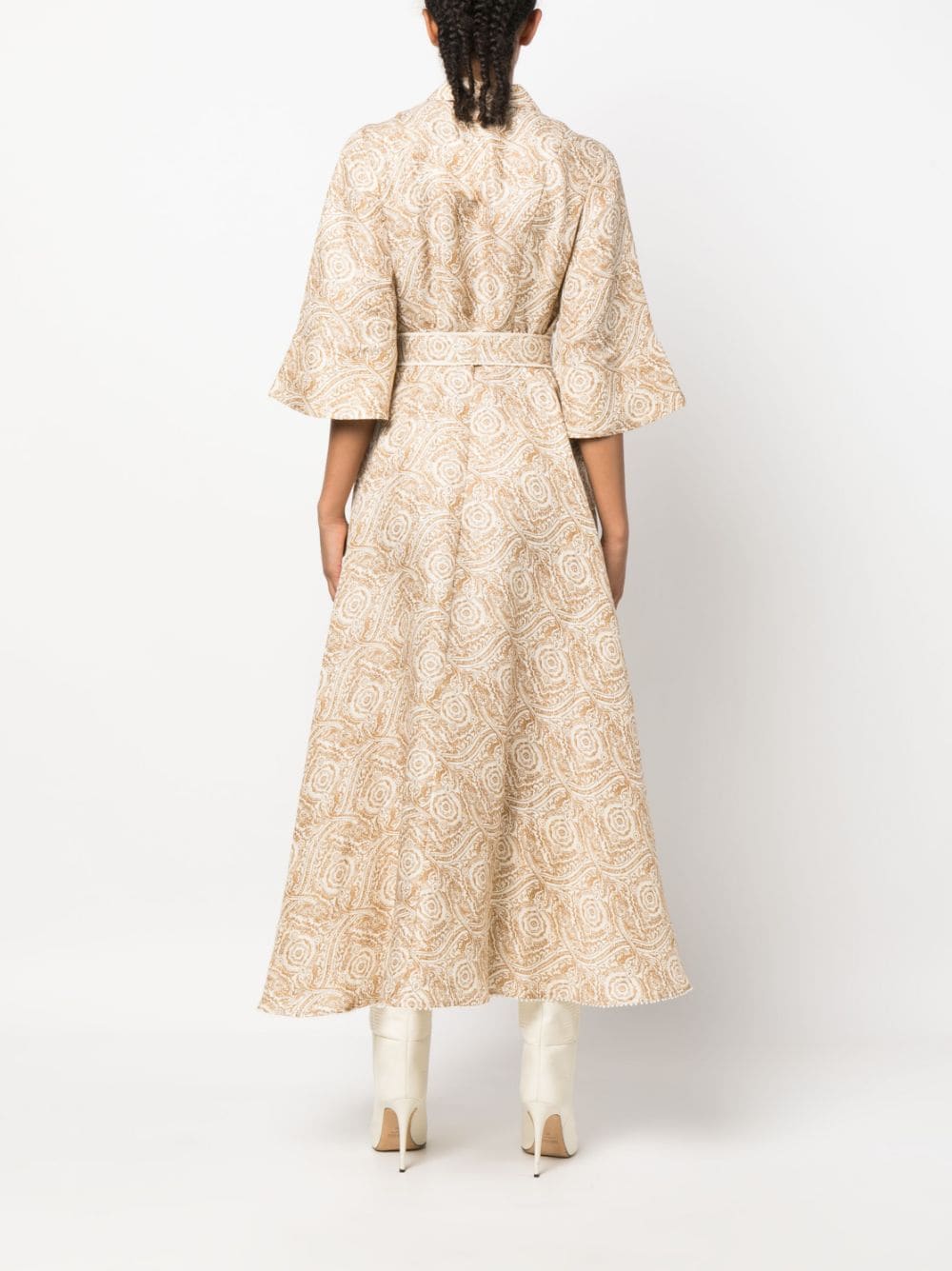 Shop Ixiah Stonemark-print Flared Midi Dress In Neutrals