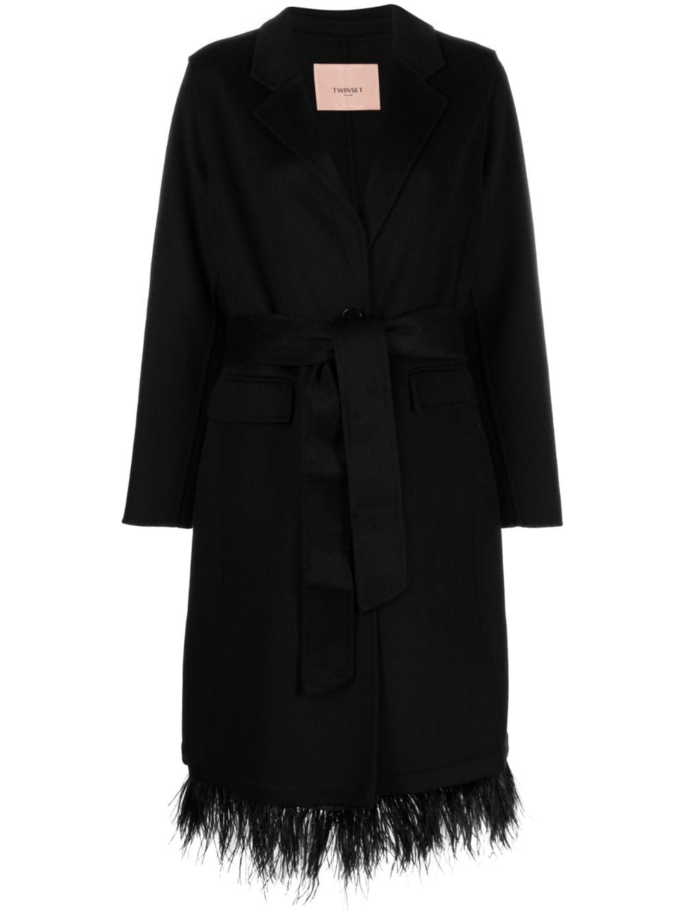 Shop Twinset Feather-hem Wool-blend Coat In Black