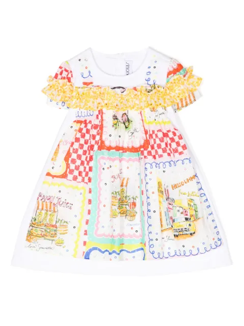 Simonetta illustration-print ruffle-trim flared dress