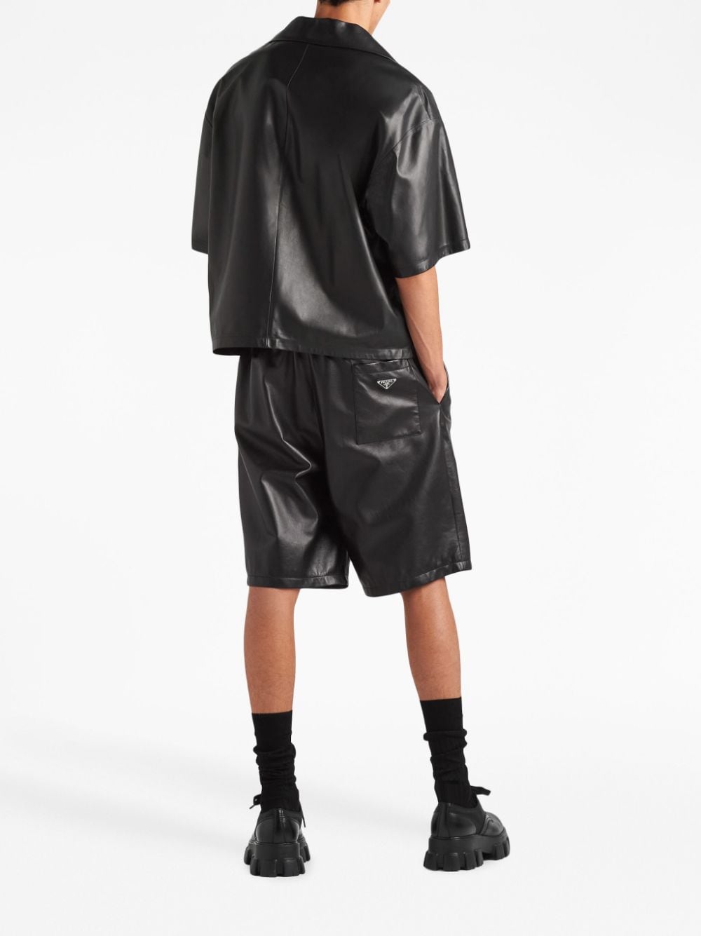 Shop Prada Triangle-logo Leather Bermuda Shorts In Black