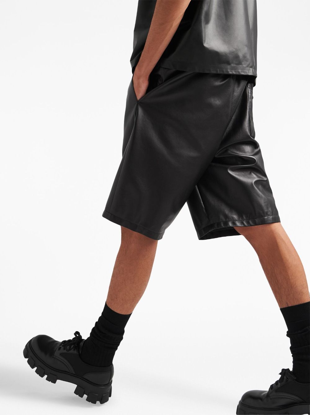 Shop Prada Triangle-logo Leather Bermuda Shorts In Black