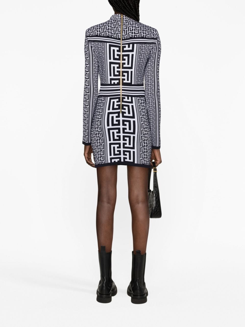 Shop Balmain Monogram-print Long-sleeve Minidress In White