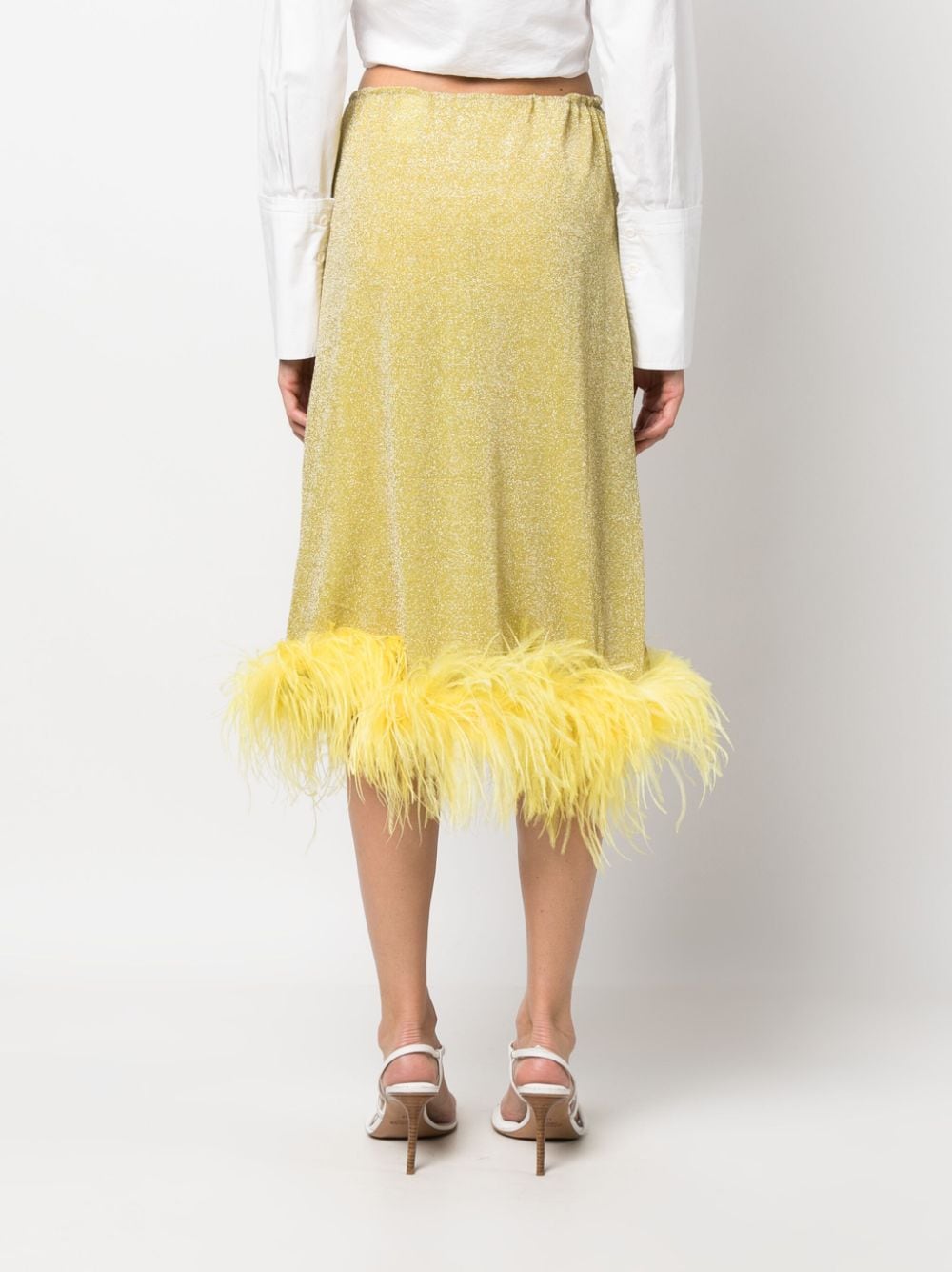 Shop Oseree Feather-trim Lurex Drawstring Skirt In Yellow