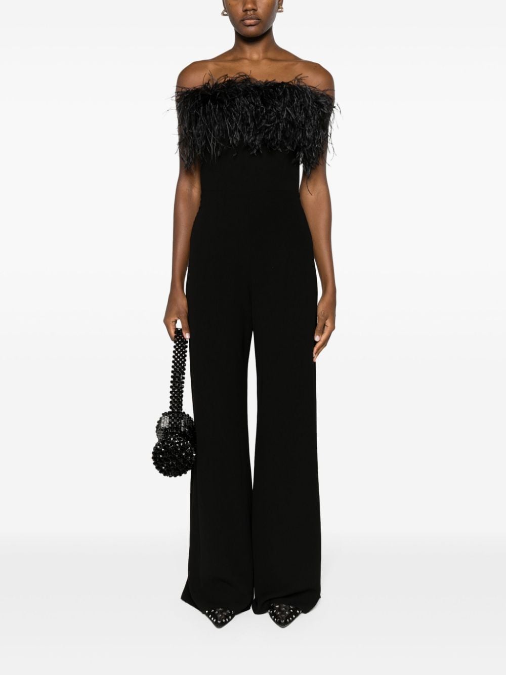 Shop 16arlington Taree Feather-trimmed Strapless Jumpsuit In Black