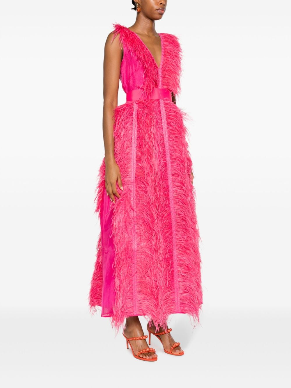 Shop Huishan Zhang Irina Ostrich-feather Maxi Dress In Pink