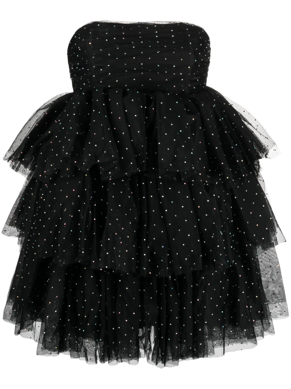 Rotate Birger Christensen Rotate Mini Black Flounced Dress With All-over Rhinestones Embellishment In Mesh Woman In Black