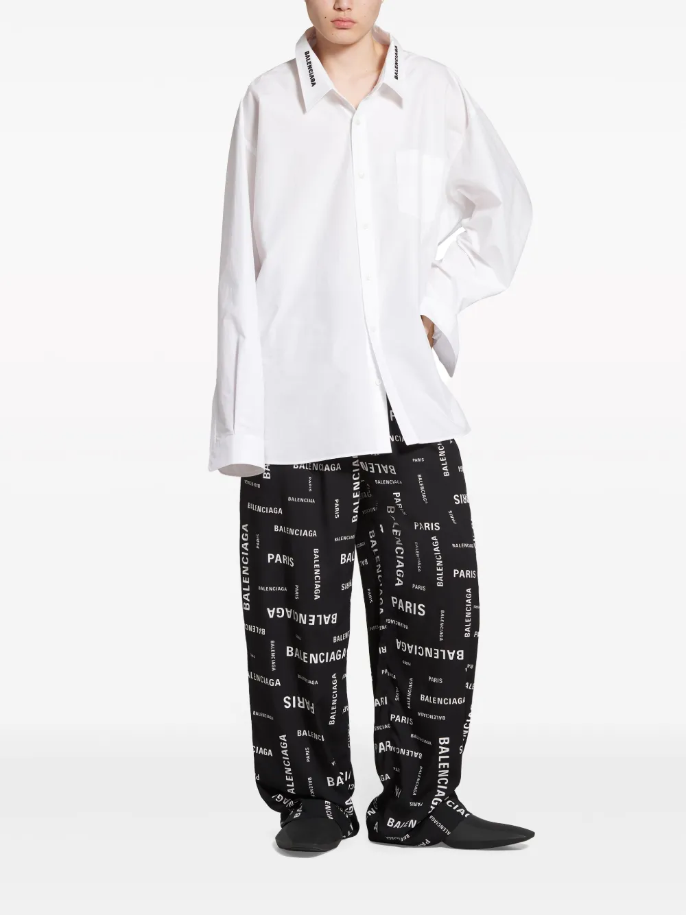 Shop Balenciaga Logo-print Wide-leg Cotton Trousers In Black