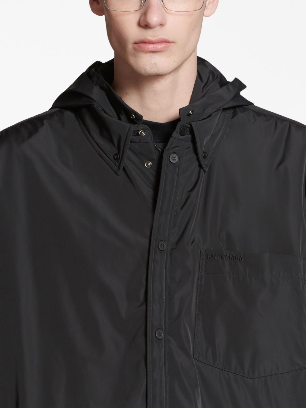 Shop Balenciaga Hooded Shirt Jacket In Black