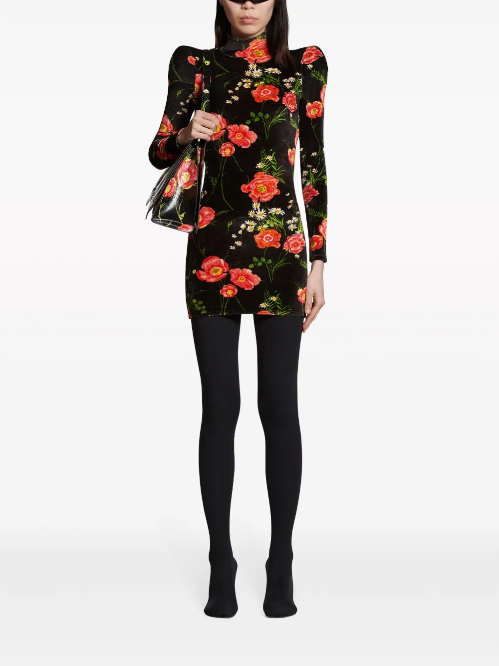 Shop Balenciaga Floral-print Velvet Minidress In Black