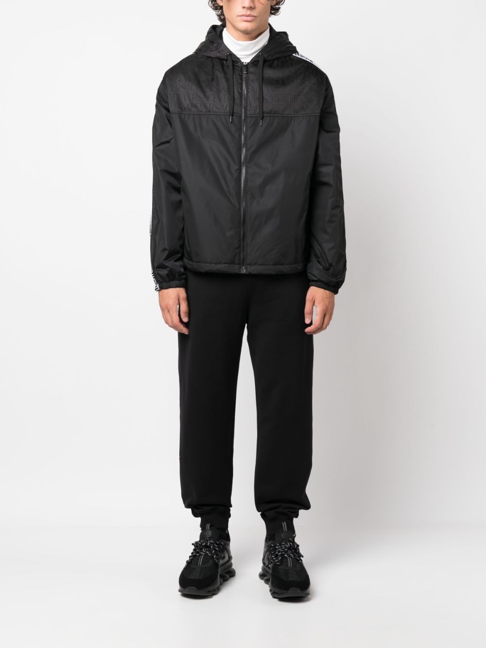 Shop Versace Jacquard-logo Hooded Jacket In Black