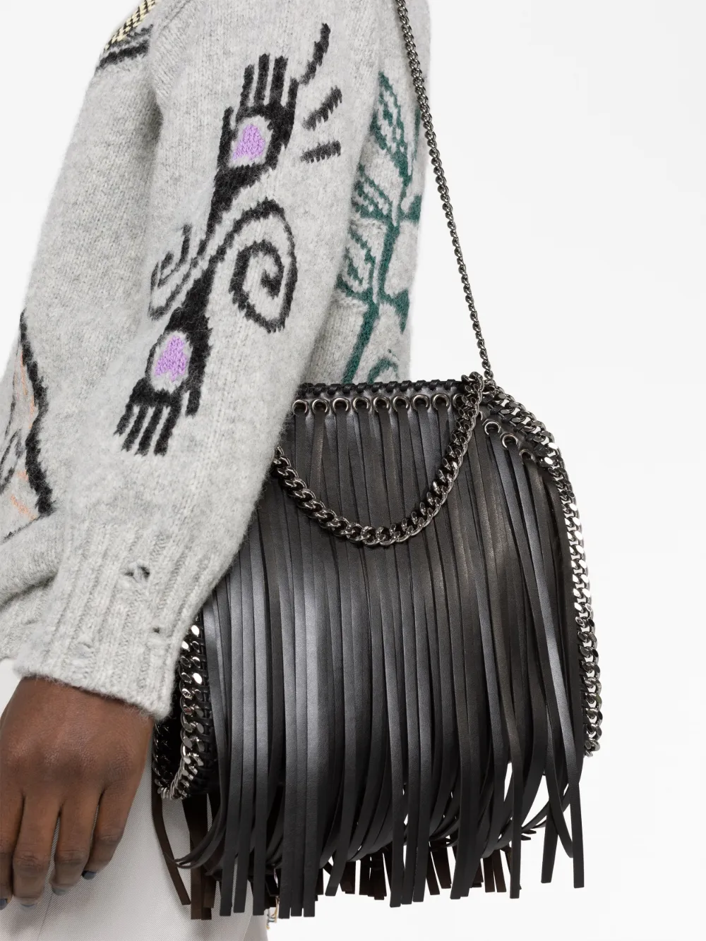 Shop Stella Mccartney Falabella Fringed Tote Bag In Black