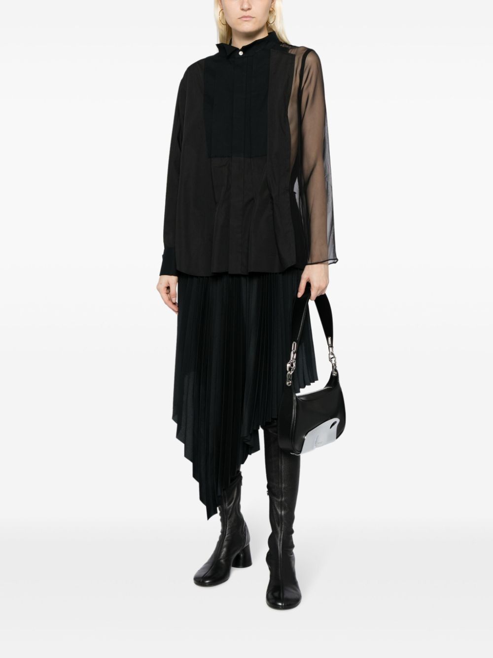 sacai long-sleeve pleated shirt - Zwart