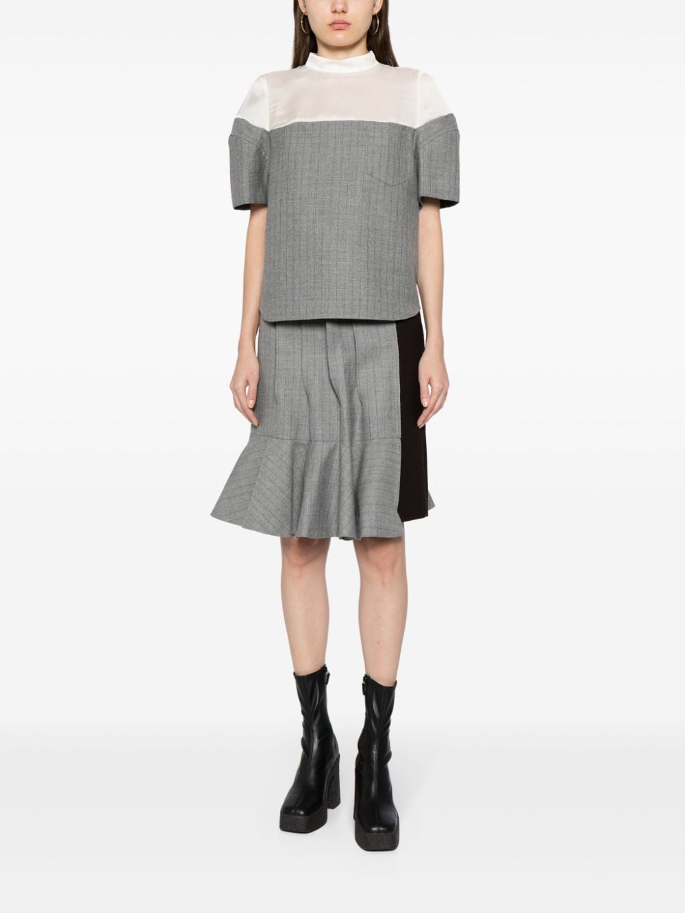 Shop Sacai Asymmetric Pleated Wool Skirt In Grey