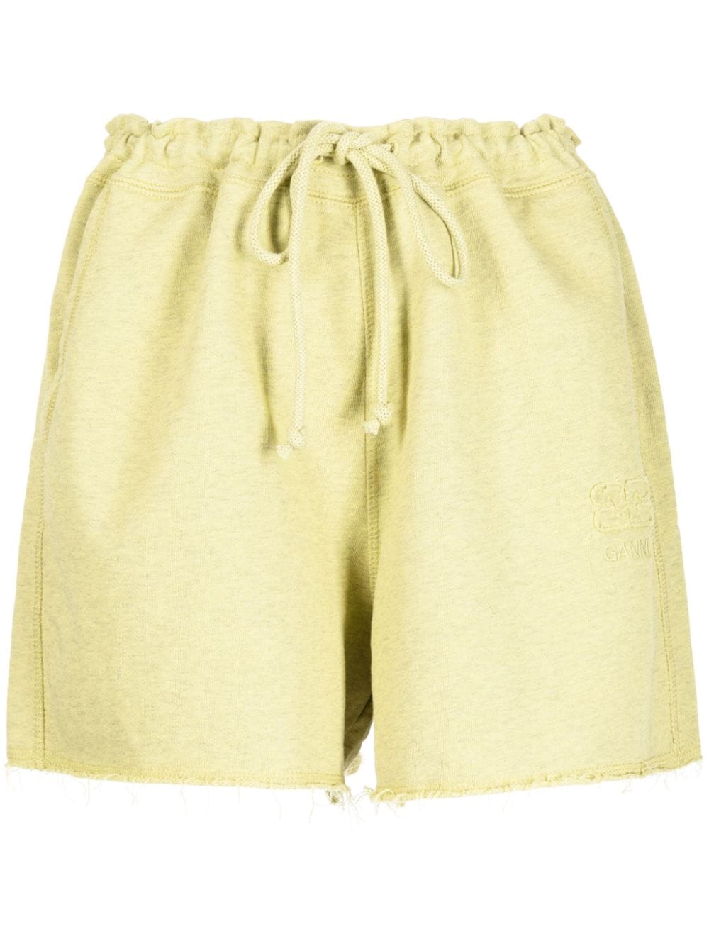 Shop Ganni Drawstring-waist Raw-edge Shorts In Green